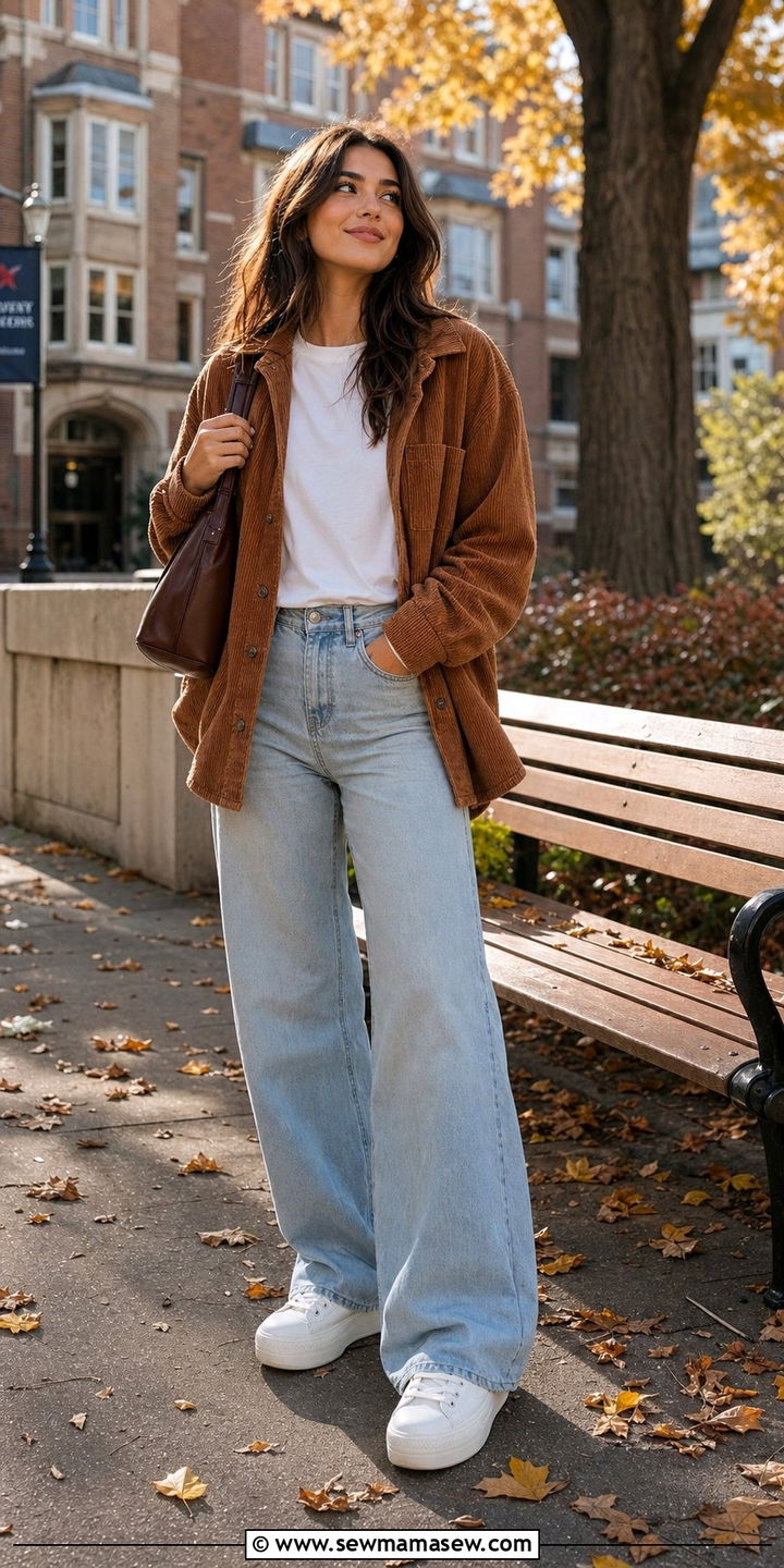 Corduroy Shacket White Tee Wide Leg Jeans Outfit - 25 college outfits aesthetic