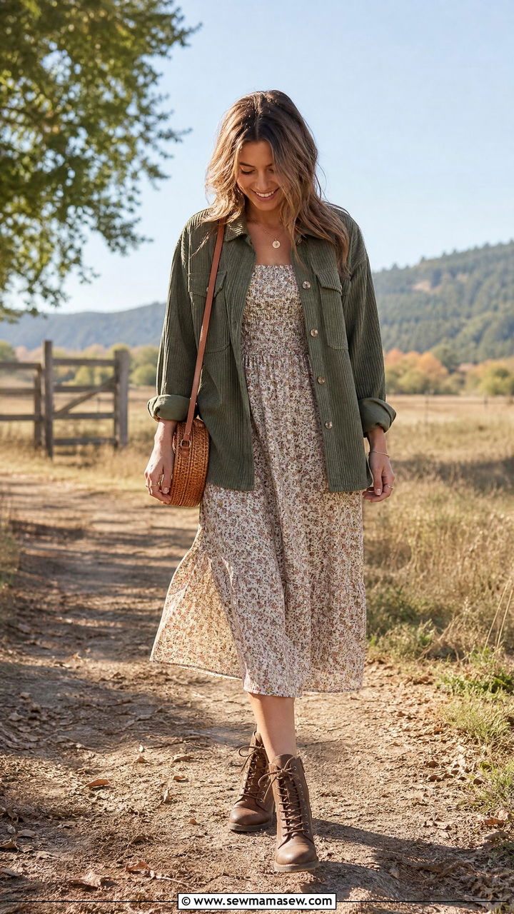 Corduroy Shacket and Floral Midi Dress - 25 poetcore outfits for women