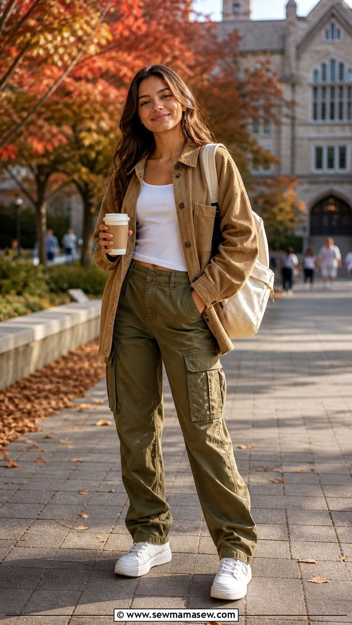 Corduroy Shacket with White Tank and Relaxed Cargos Outfit - 40 First day of school outfit ideas 2026