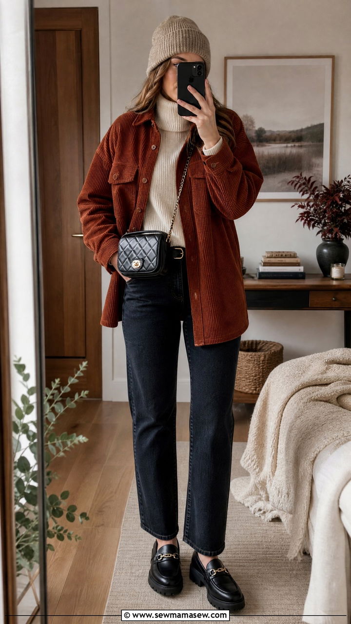 Corduroy Shackets With Turtlenecks And Straight Leg Jeans - 25 jacket outfits aesthetic