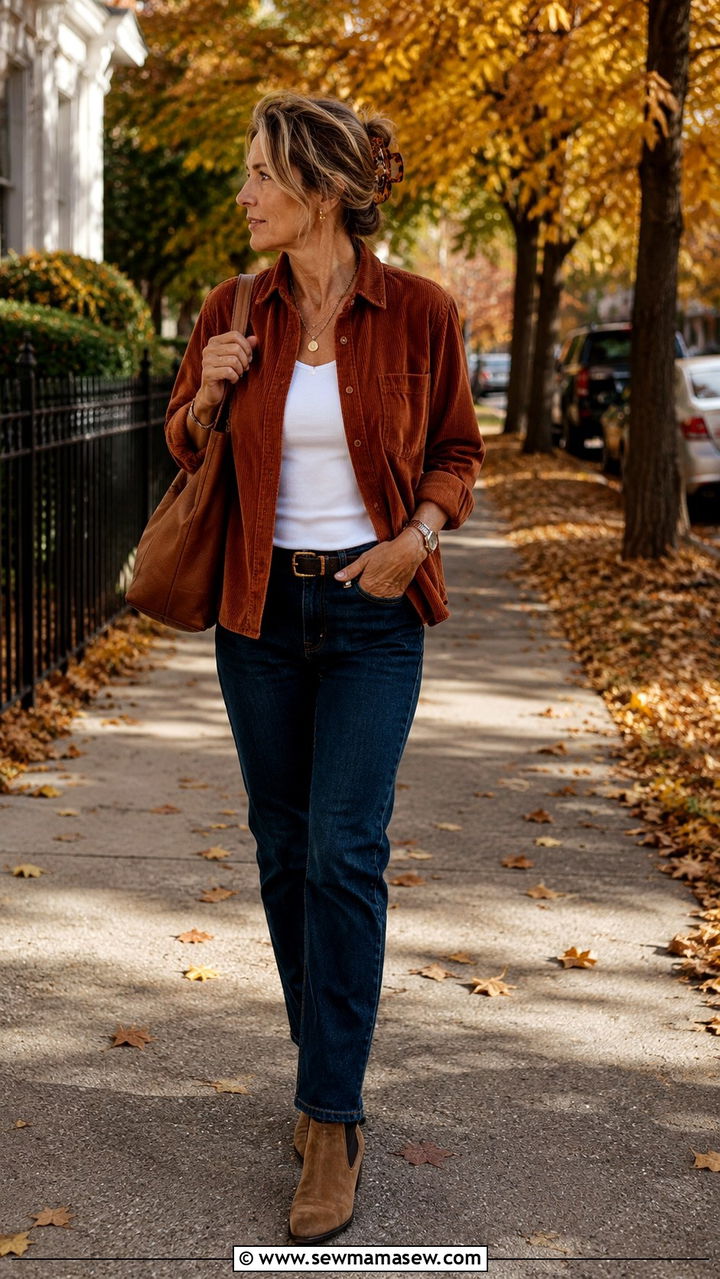 Corduroy Shirt And Jeans Over 50 Casual Look - 30 Outfit ideas for women over 50 school drop off