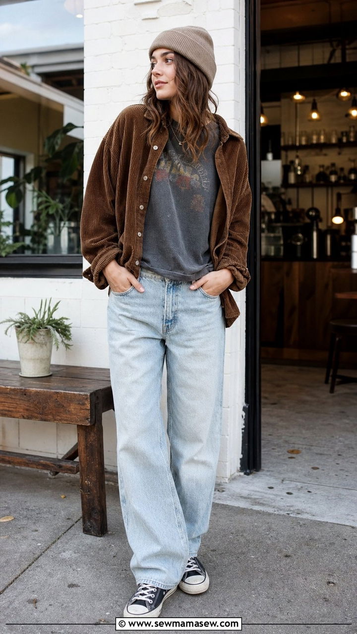 Corduroy Shirt Jacket With A Vintage Tee And Baggy Jeans - 25 cute grunge outfits