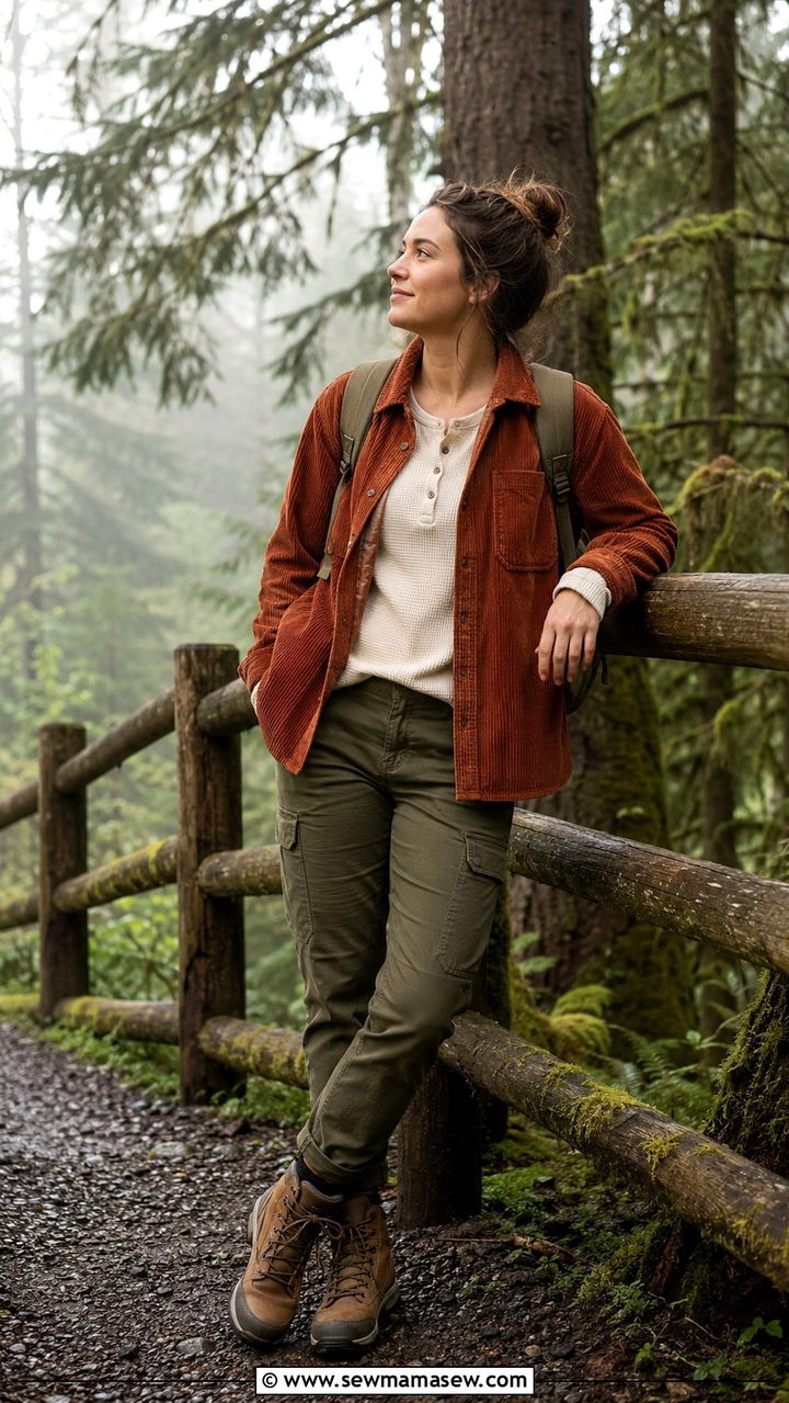 Corduroy Shirt Jacket With Cargo Pants And Hiking Boots - 30 Rainy day travel outfit ideas