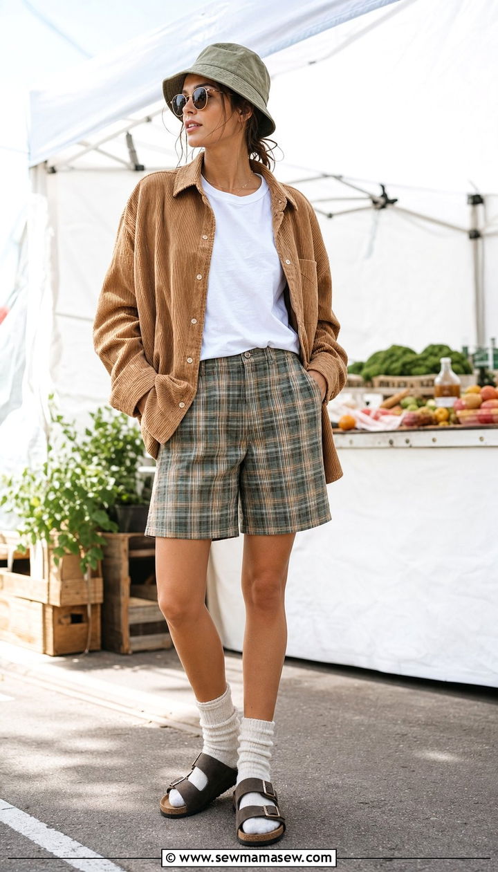 Corduroy Shirt Jacket With White Tee and Bermuda Shorts - 25 Eclectic grandpa outfit ideas