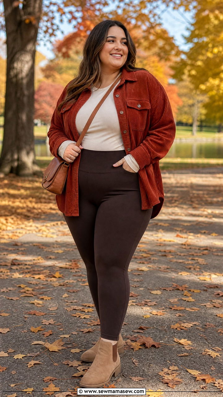 Corduroy Shirt Jacket with Leggings Outfit - 30 Plus size outfit ideas with leggings