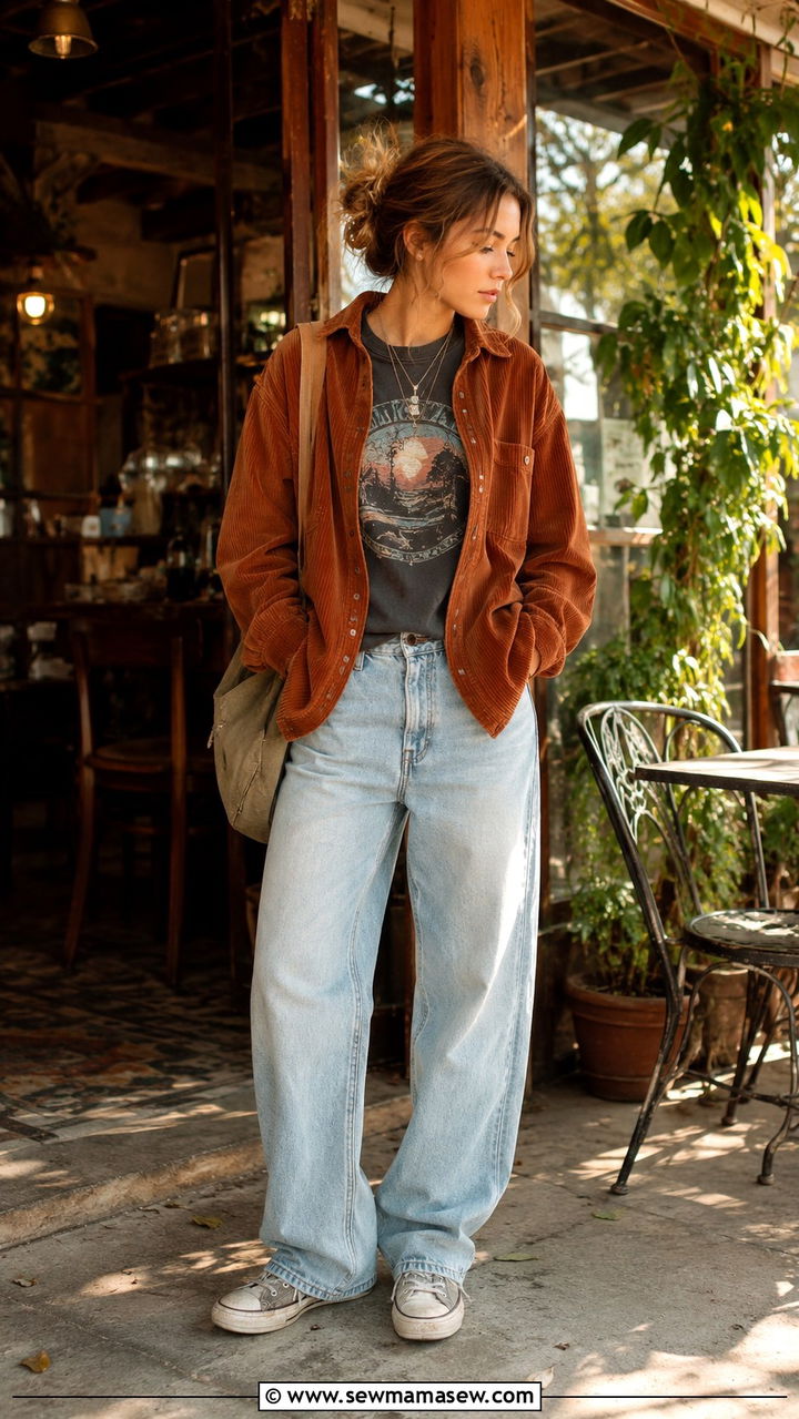 Corduroy Shirt Jacket with Vintage Tee and Baggy Jeans - 30 casual grunge outfits