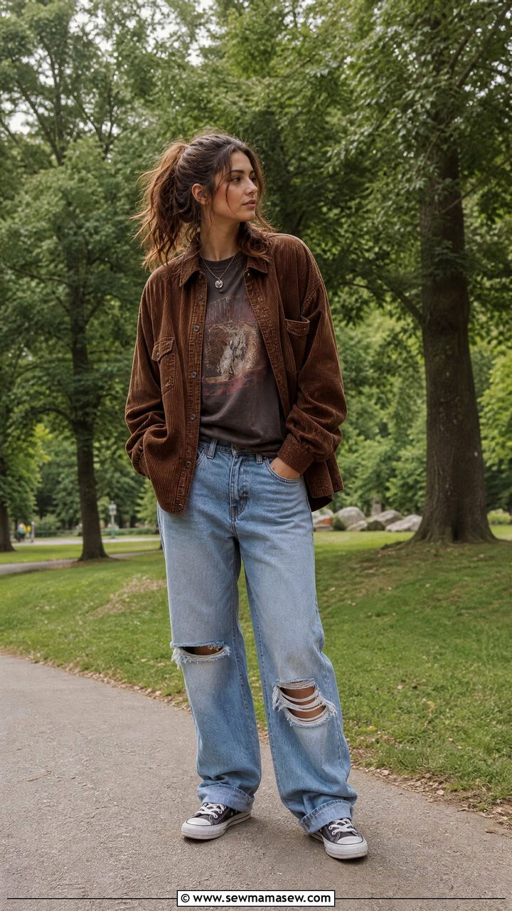 Corduroy Shirt Jacket with Vintage Tee and Baggy Jeans - 35 grunge outfit ideas for women