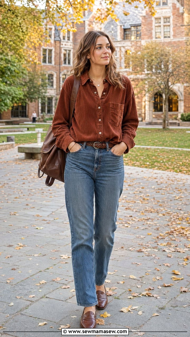 Corduroy Shirt and Jeans School Outfit - 35 back to school outfits Pinterest