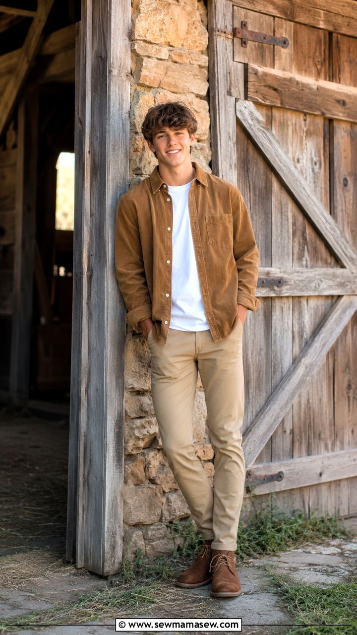 Corduroy Shirt with Chinos and Chukka Boots - 30 Senior photo outfit ideas for guys
