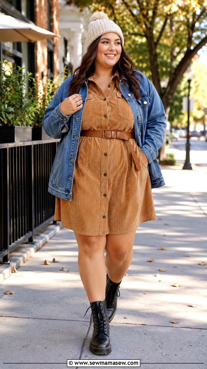 Corduroy Shirtdress with Combat Boots and Denim Jacket - 30 plus size brunch outfit ideas