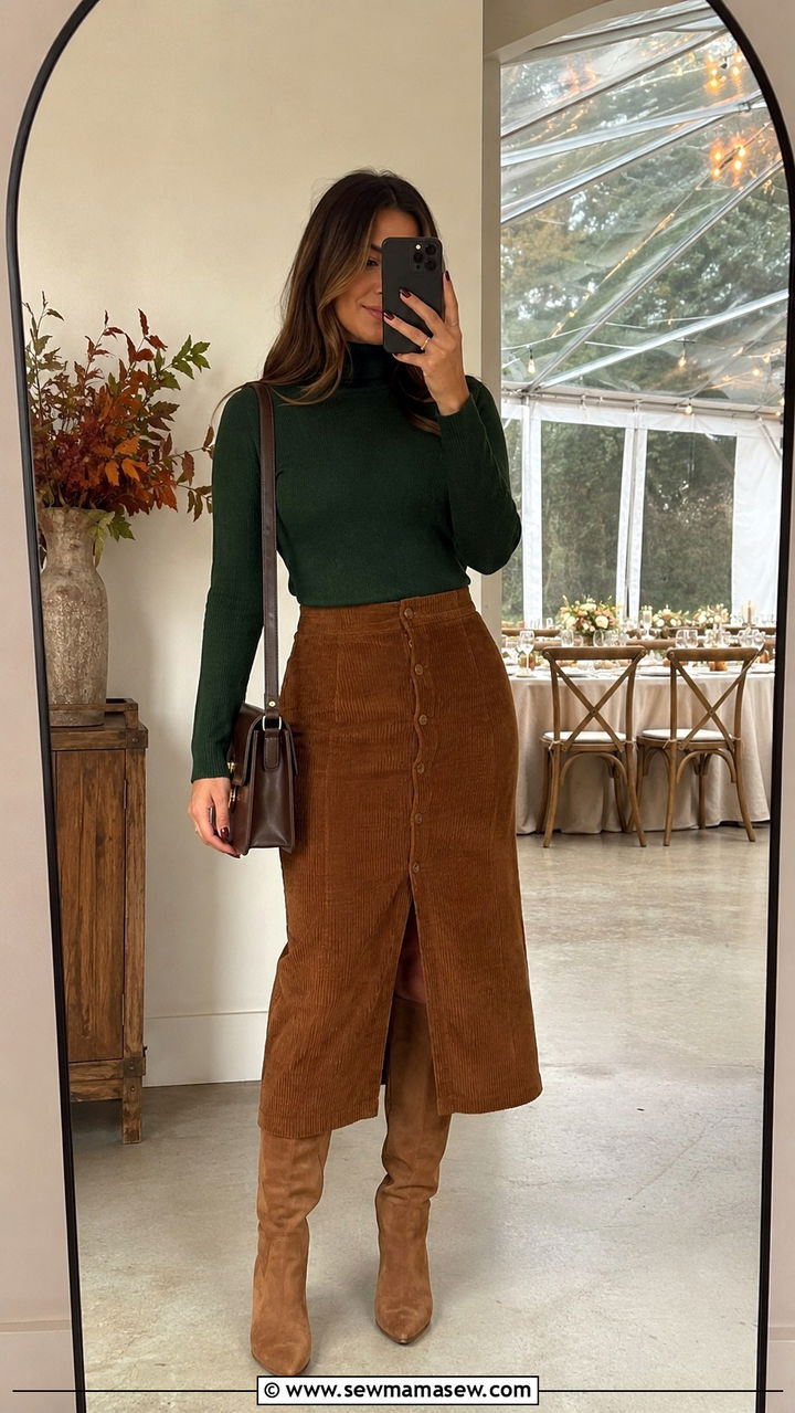 Corduroy Skirt And Turtleneck Sweater - 30 Tent wedding guest outfit ideas