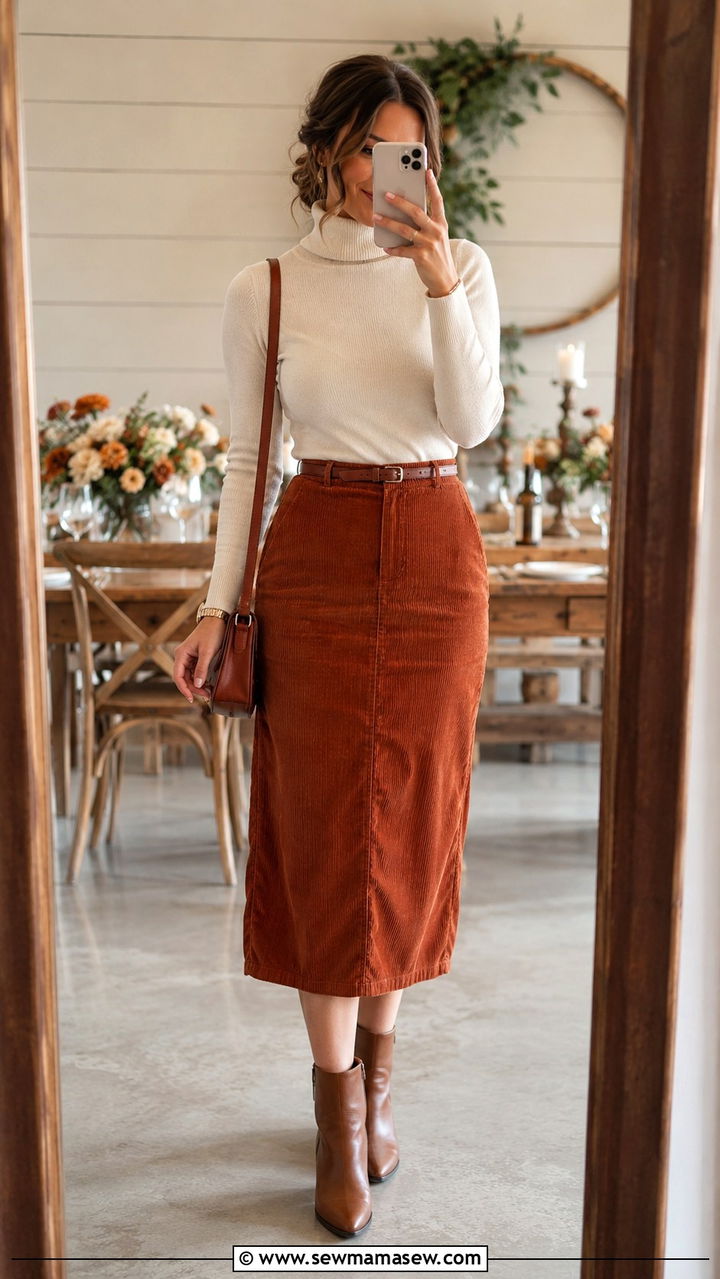 Corduroy Skirt With A Fitted Turtleneck - 25 seasonal bridal shower outfit ideas