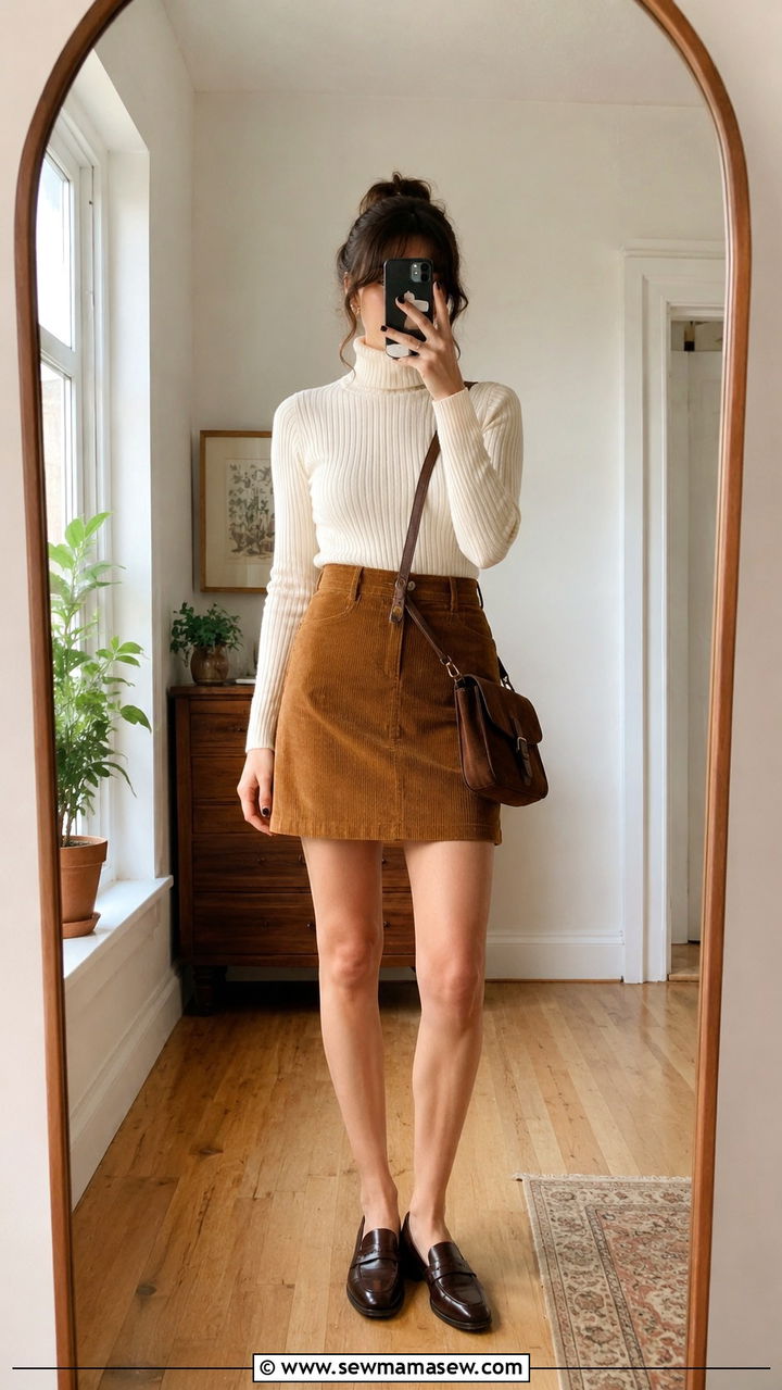 Corduroy Skirt With Turtleneck And Loafers - 30 spring vintage outfit ideas