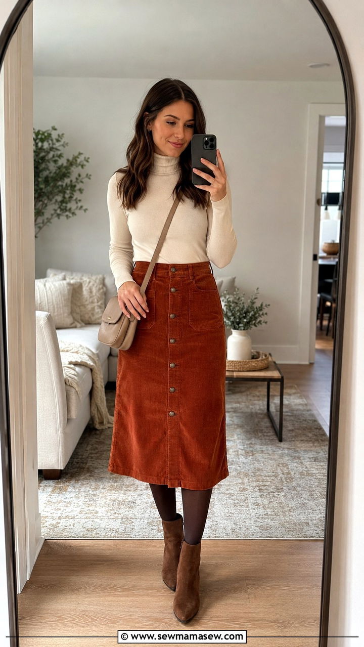 Corduroy Skirt and Ankle Boots Brunch Outfit - 25 seasonal brunch outfit ideas