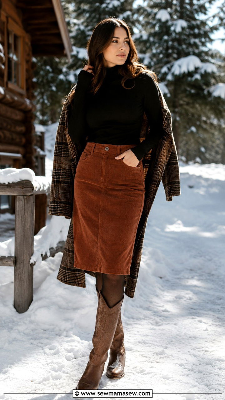 Corduroy Skirt and Fitted Turtleneck With Tecovas Boots - 20 Western outfit ideas with Tecovas boots