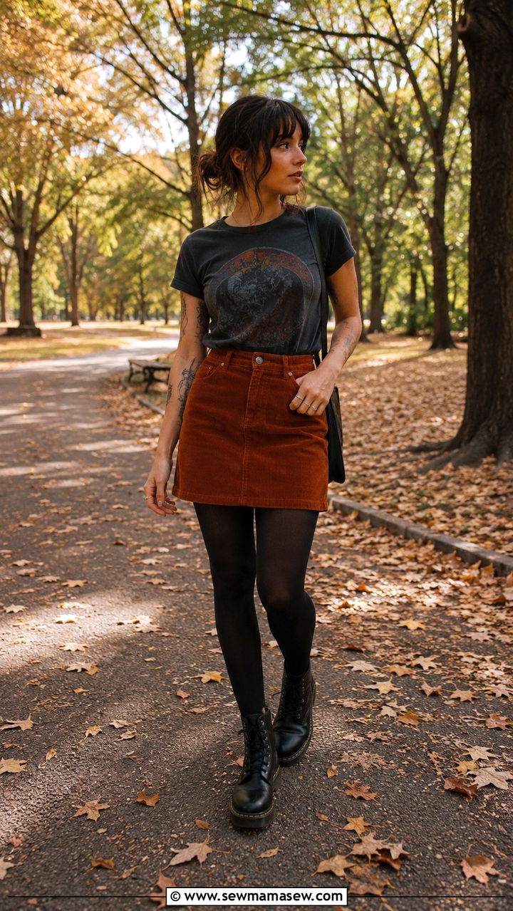 Corduroy Skirt and Vintage Tee Grunge Outfit - 20 grunge capsule wardrobe outfits