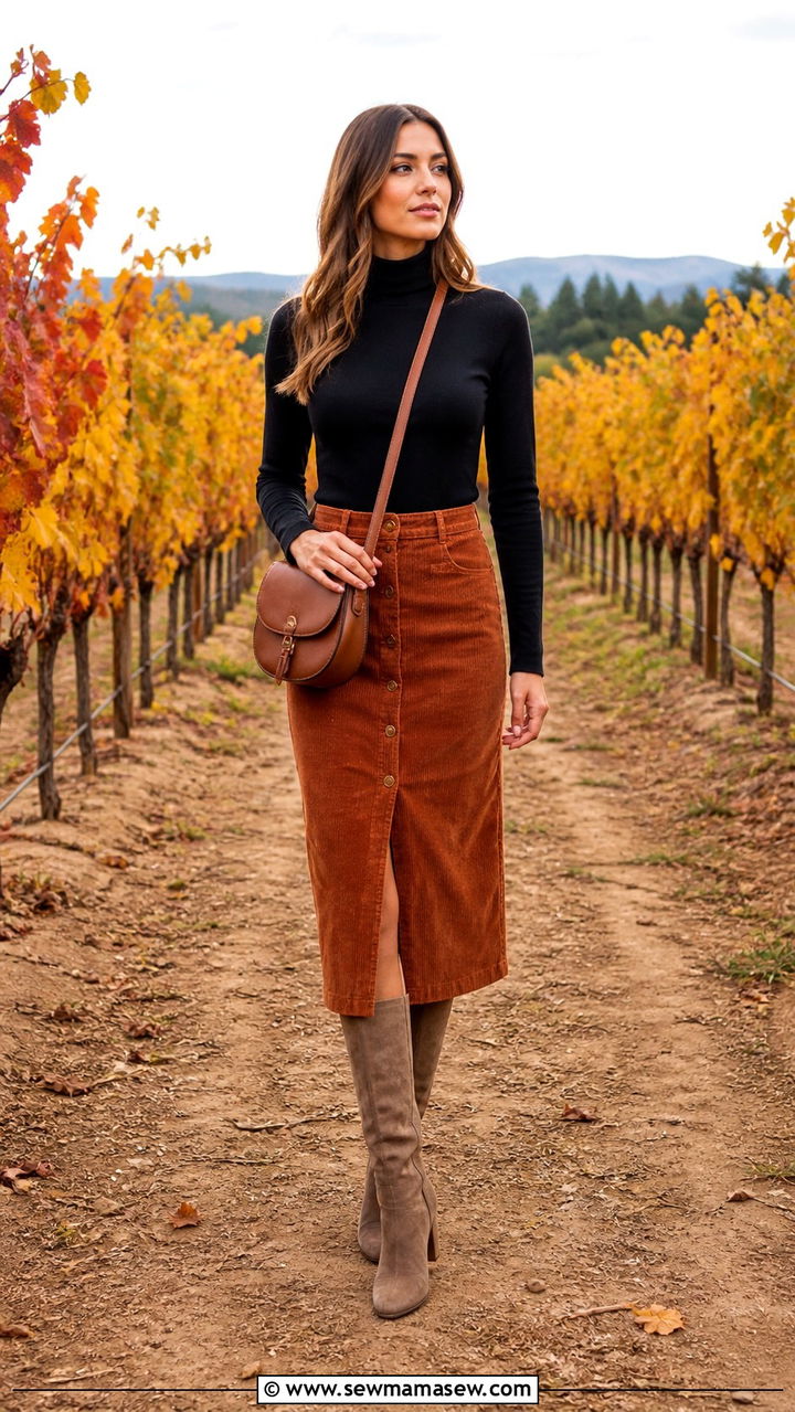 Corduroy Skirt and a Turtleneck - 40 All wine outfit ideas