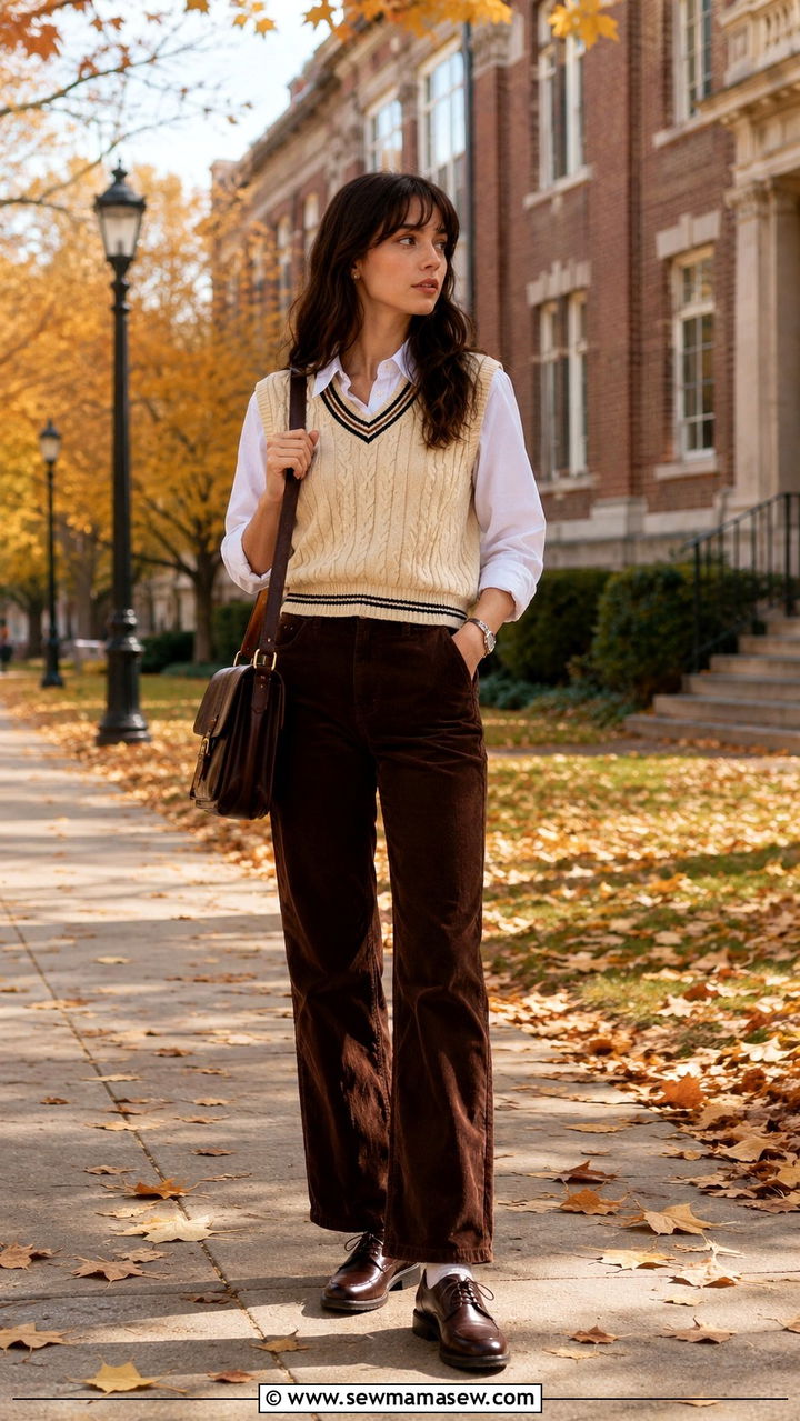Corduroy Trousers Sweater Vest Outfit - 30 Preppy school outfits