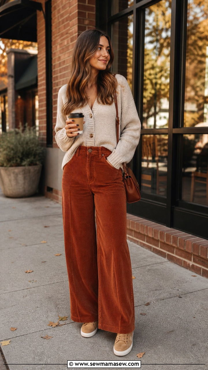Corduroy Trousers With A Cardigan And Suede Sneakers - 40 cute sneaker outfits