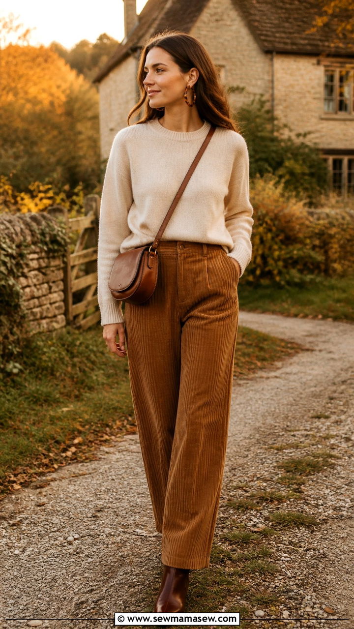 Corduroy Trousers With A Cashmere Sweater - 40 French girl outfit ideas