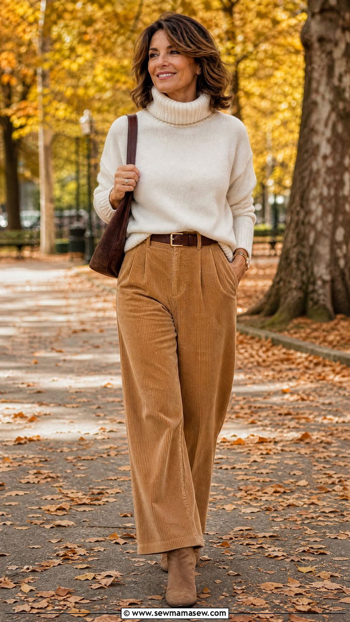 Corduroy Trousers With A Turtleneck - 35 Middle aged woman outfit ideas