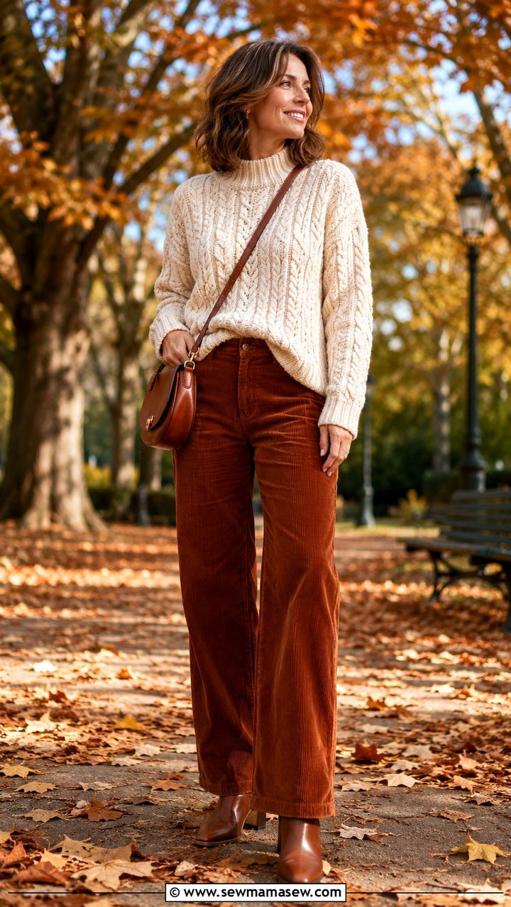 Corduroy Trousers With Chunky Knit - 25 trousers outfits for women over 40