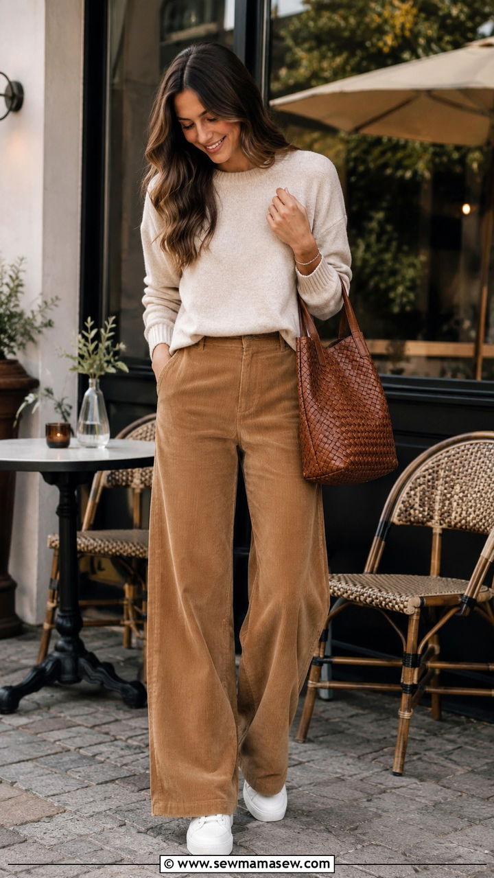 Corduroy Trousers With Lightweight Sweater And Leather Sneakers - 30 cute transitional outfits