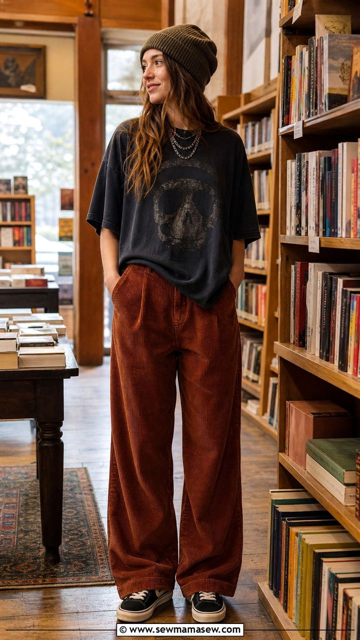 Corduroy Trousers With Oversized Band Tee And Beanie - 40 grunge outfits ideas