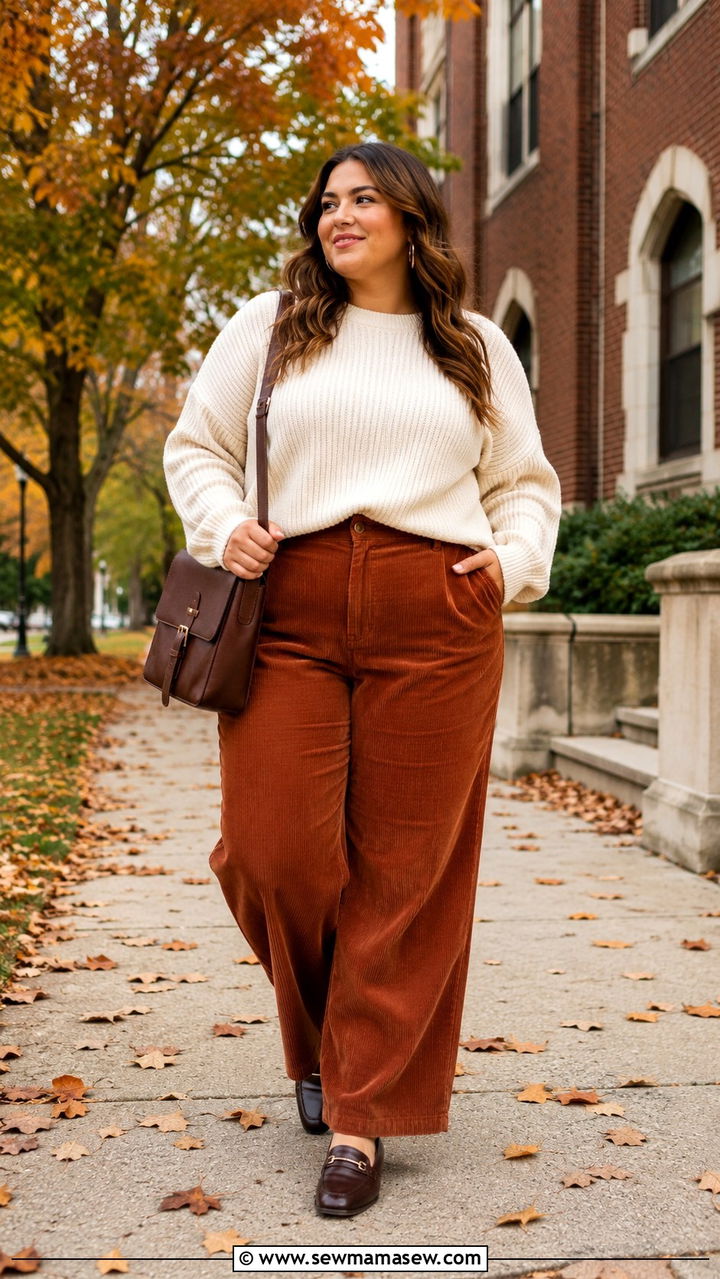 Corduroy Trousers With Ribbed Sweater And Leather Loafers - 30 Plus size outfit ideas for college