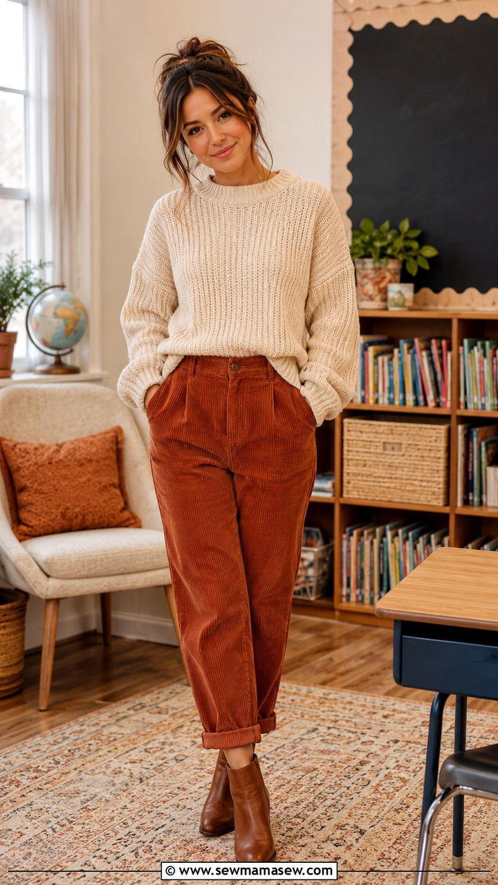 Corduroy Trousers and Chunky Knit Sweater - 30 cute teacher outfits