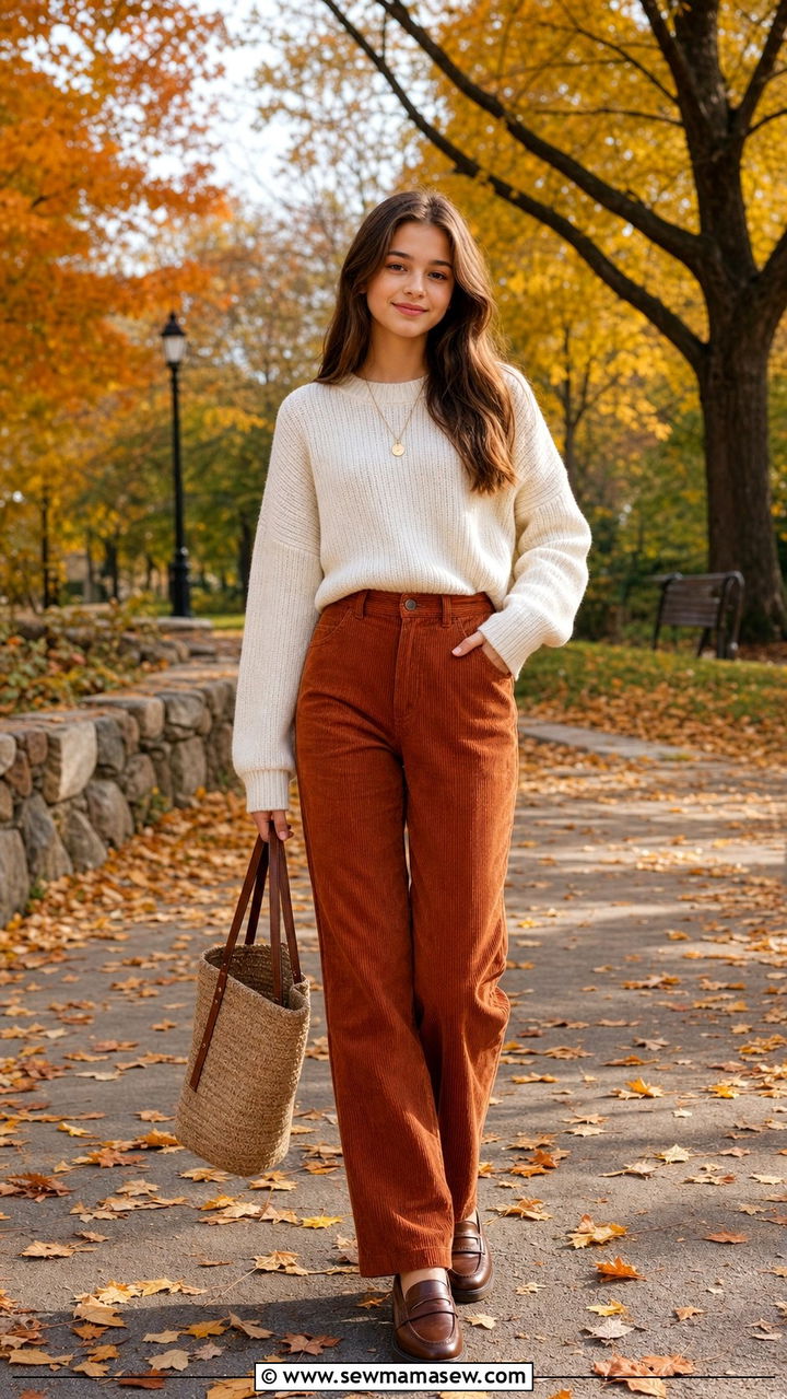 Corduroy Trousers and Tucked In Sweater Outfit - 35 Back to school outfit ideas 11th grade