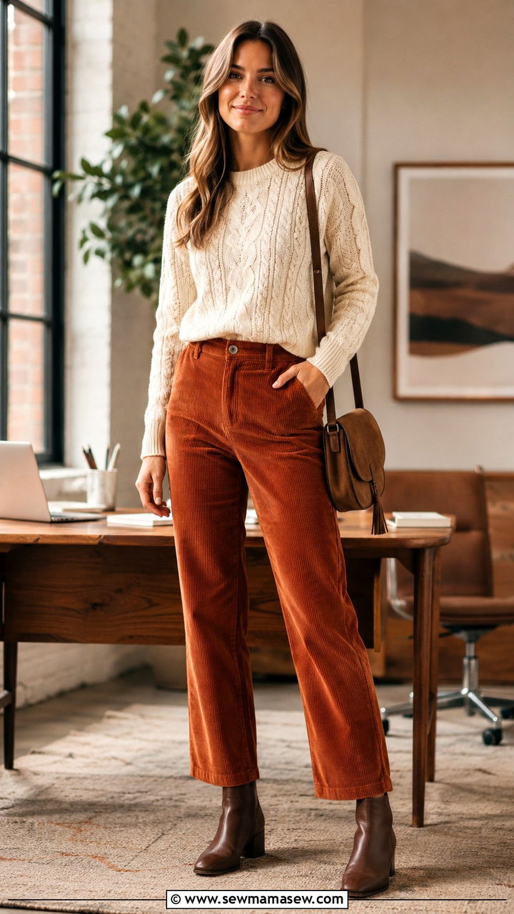 Corduroy Trousers with Cable Knit Sweater and Ankle Boots - 30 Modest outfit ideas for work