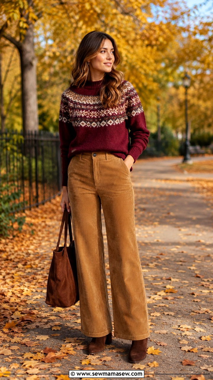 Corduroy Trousers with Fair Isle Knit - 30 chic trousers outfit ideas
