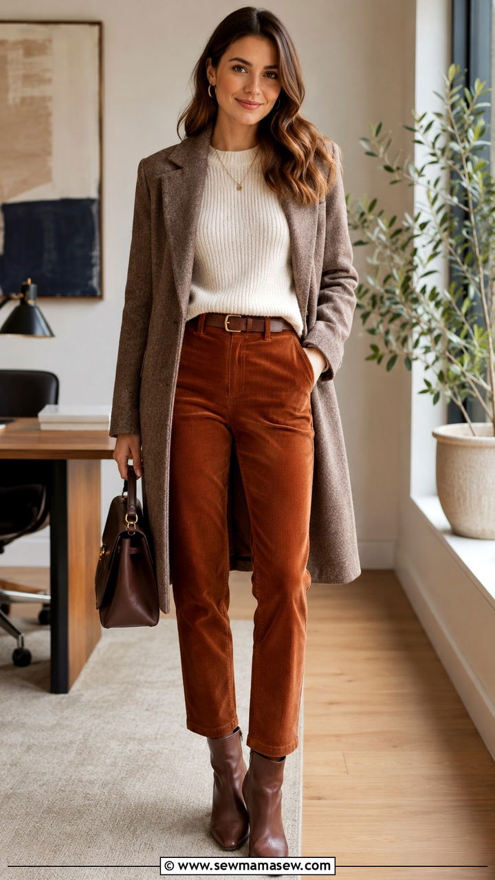 Corduroy Trousers with Knit Sweater - 30 Office outfits with trousers
