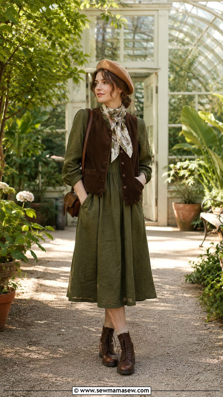 Corduroy Vest Over Olive Linen Dress Outfit Light Academia - 30 casual light academia outfits