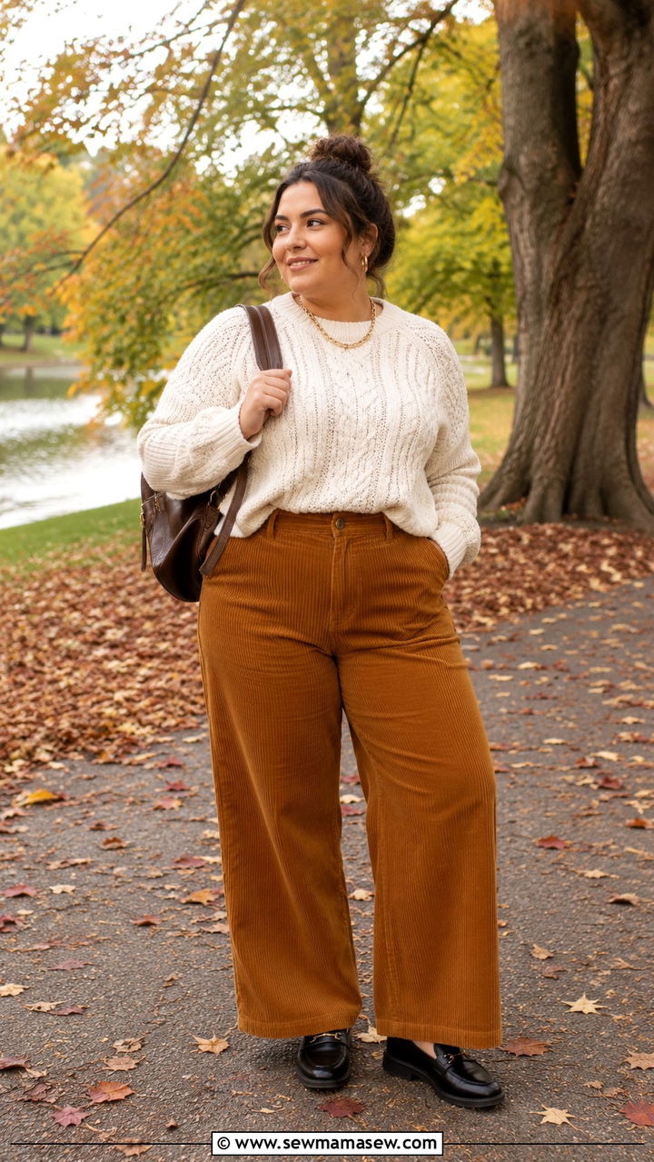Corduroy Wide Leg Pants With Cable Knit Crewneck And Penny Loafers Petite Plus Size - 20 Petite plus size outfit ideas 18