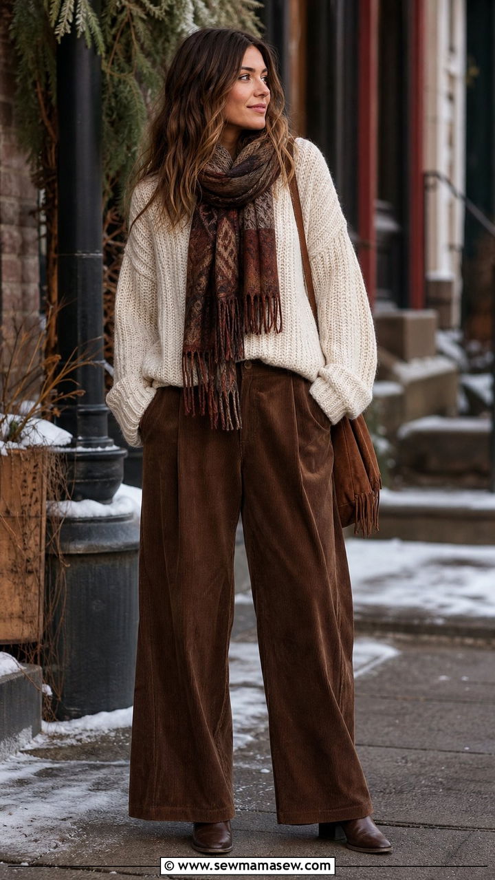 Corduroy Wide Leg Pants with Chunky Sweater - 35 boho outfits for women