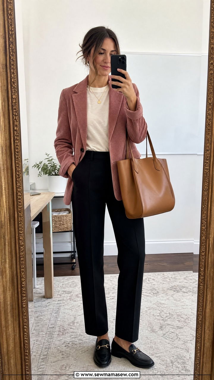Corduroy blazer and black trousers - 25 High school teacher outfit ideas