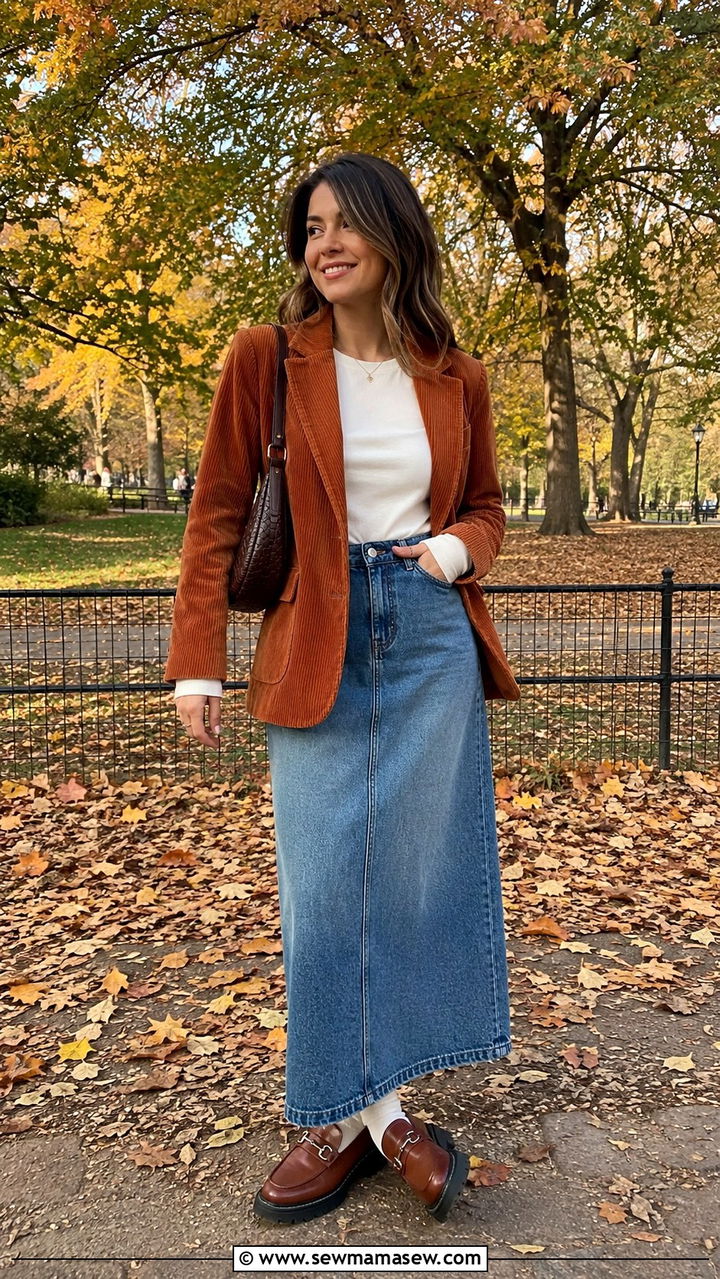 Corduroy blazer and denim maxi skirt outfit - 30 Maxi skirt outfit ideas with a blazer