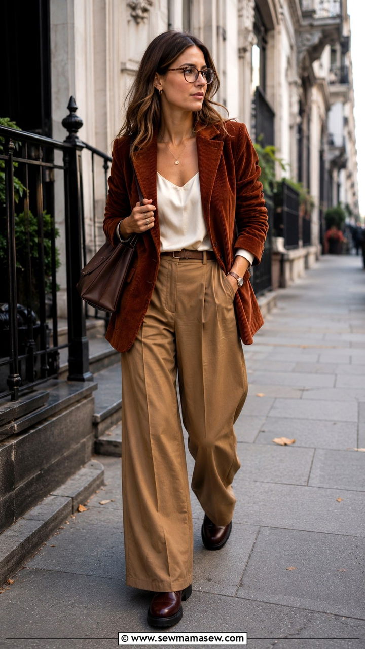 Corduroy blazer and wide leg trousers outfit - 30 librarian core outfits for women
