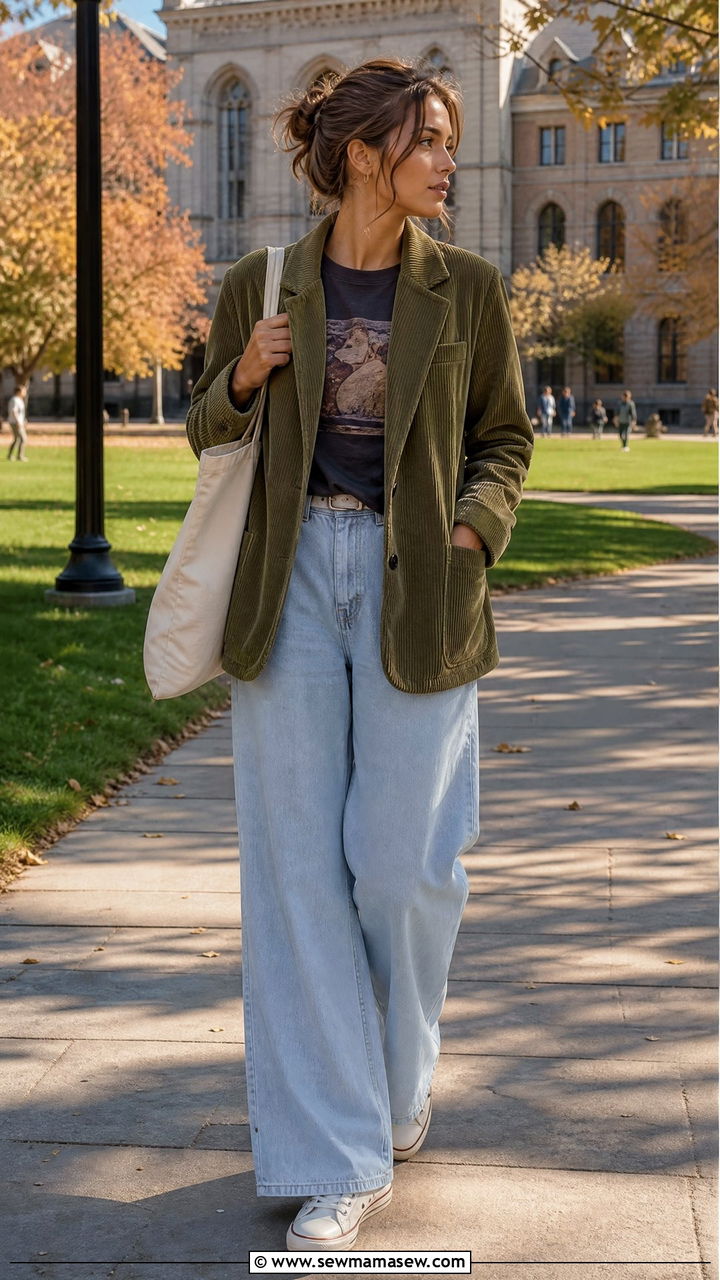 Corduroy blazer over graphic tee and wide leg denim - 25 Poetcore outfit ideas college professor aesthetic