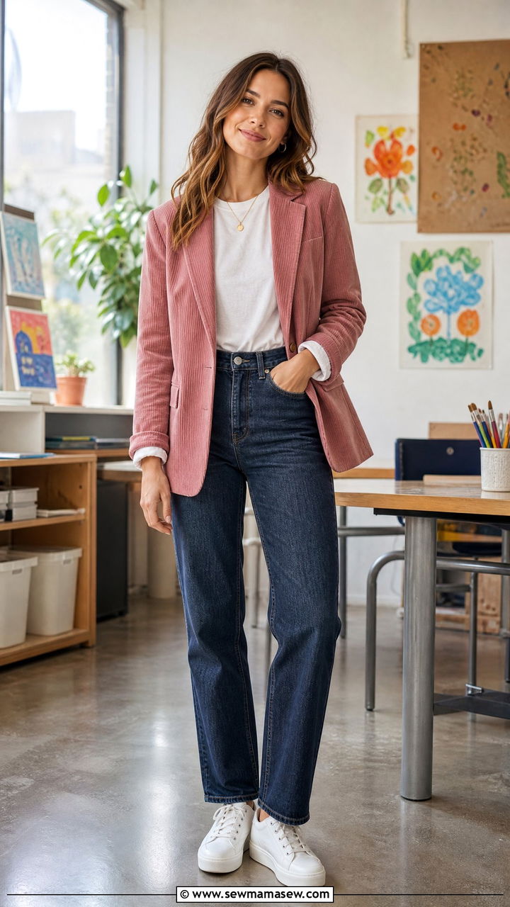 Corduroy blazer with tee and jeans teacher look - 30 Substitute teacher outfit ideas