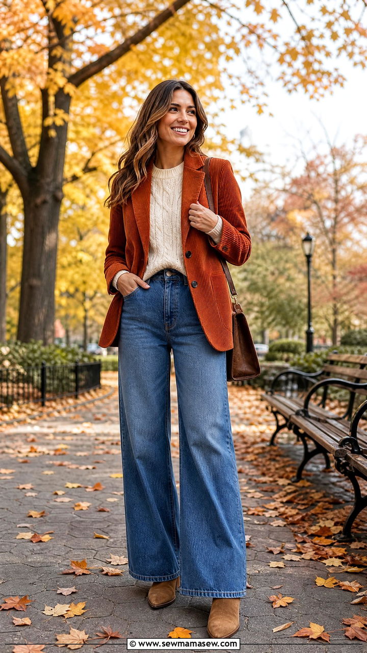 Corduroy blazer with wide leg jeans - 35 how to style blazer