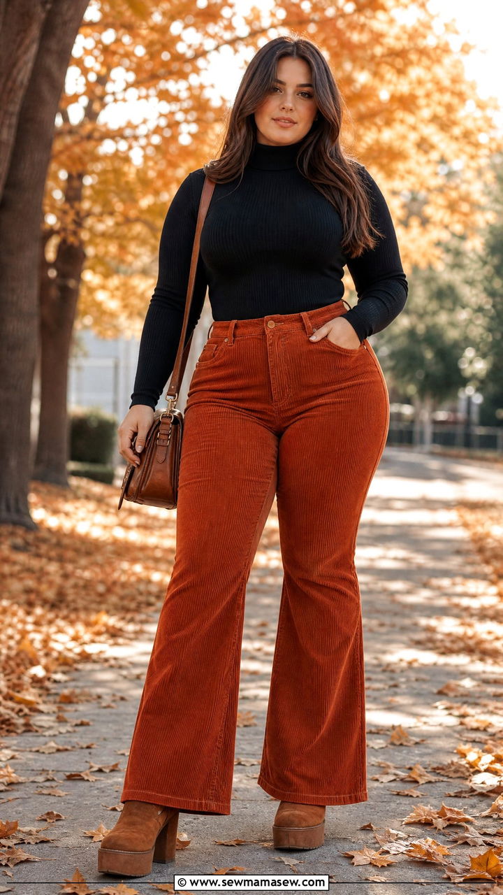 Corduroy flared pants with turtleneck - 25 Outfit ideas for thick thighs