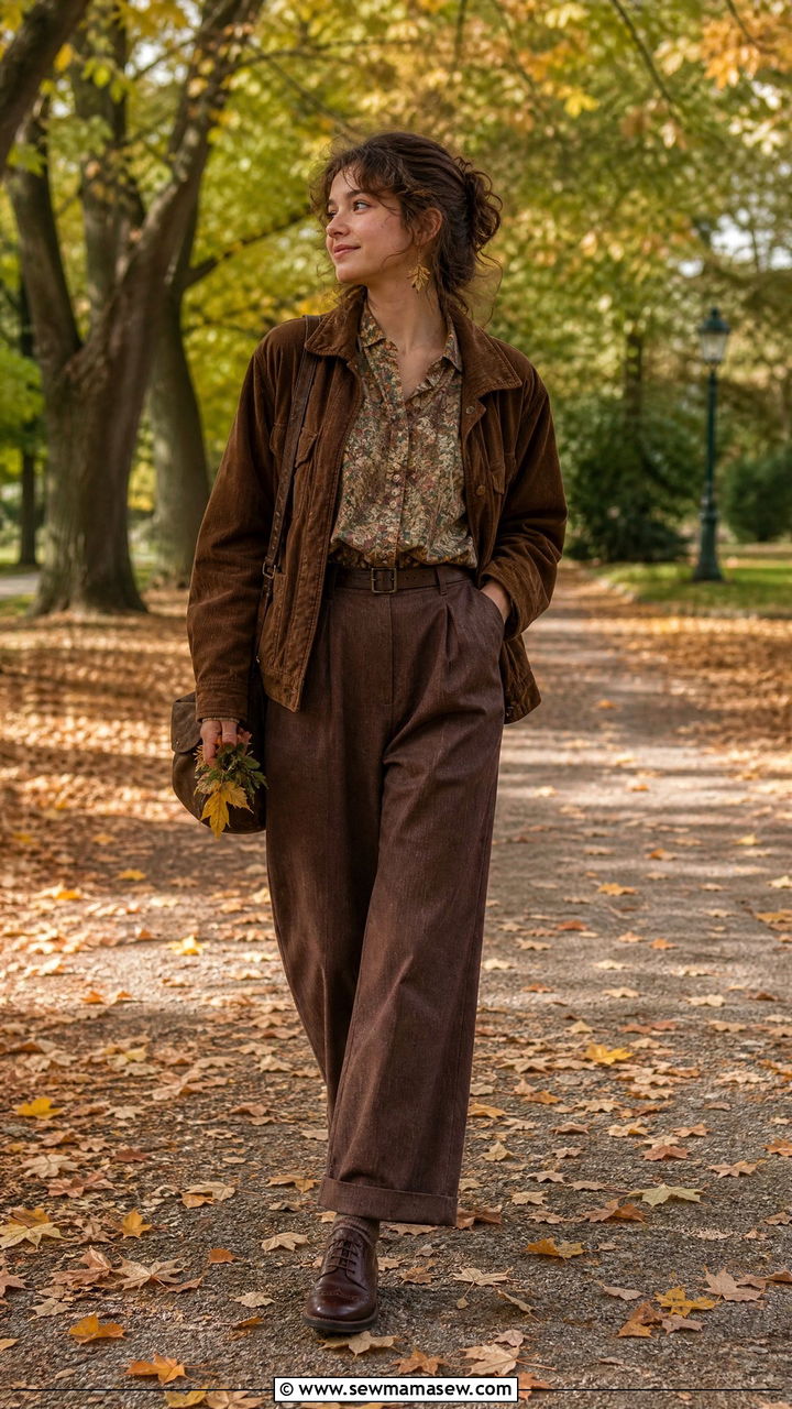 Corduroy jacket and floral blouse with brown trousers and brogues - 30 Goblincore outfit ideas