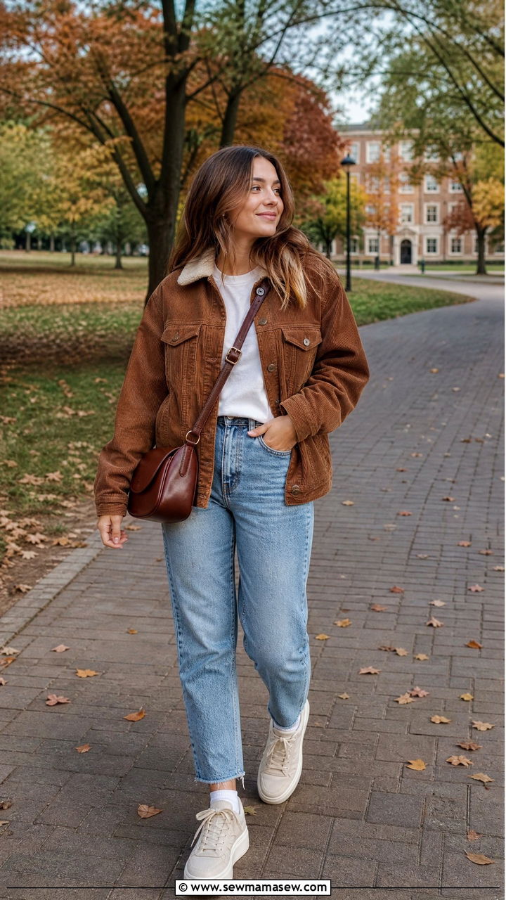 Corduroy jacket and mom jeans outfit - 30 college outfits inspo