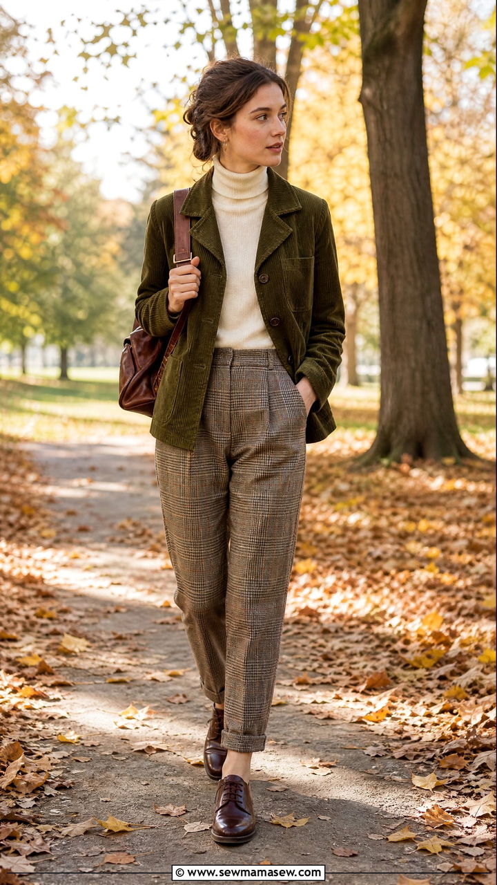 Corduroy jacket and plaid trousers outfit - 25 librarian core outfits 2026