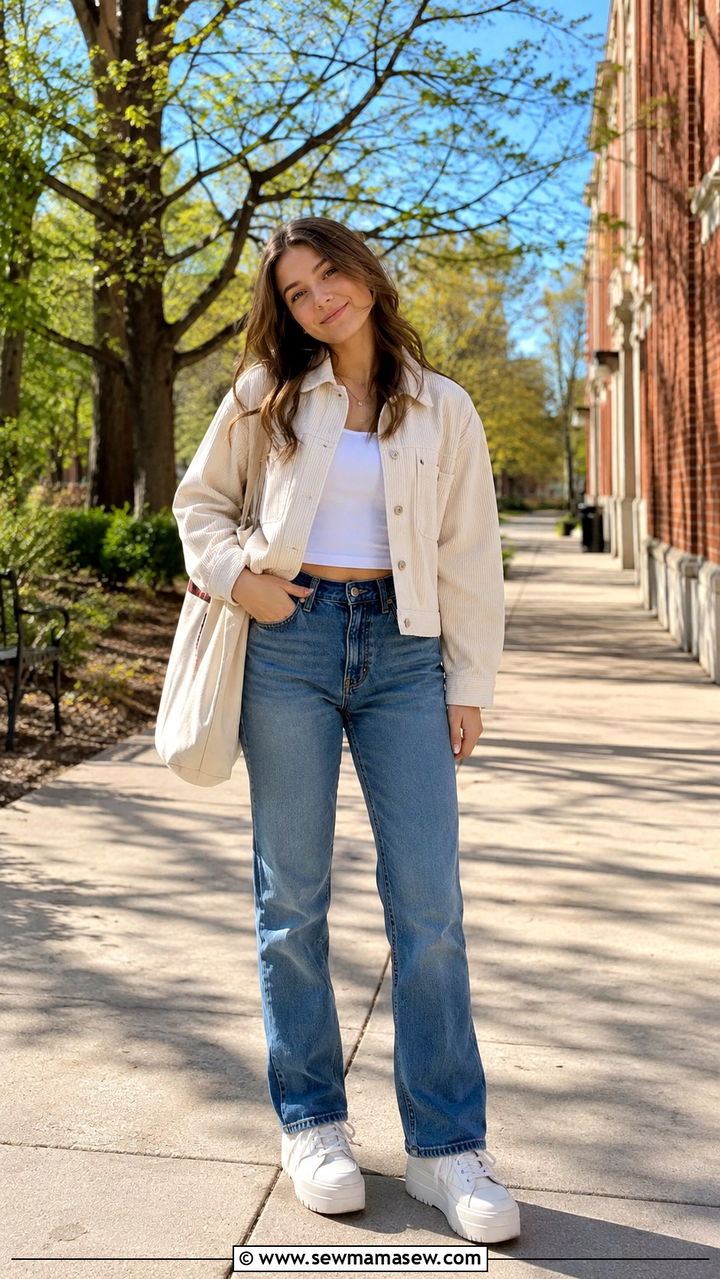 Corduroy jacket and straight jeans - 30 Spring outfits for high school