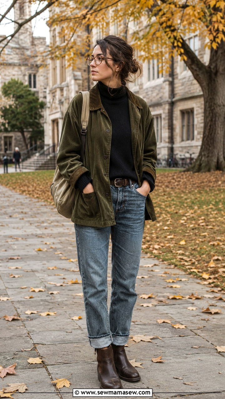 Corduroy jacket with a turtleneck and boyfriend jeans - 30 Chaotic academia outfit ideas