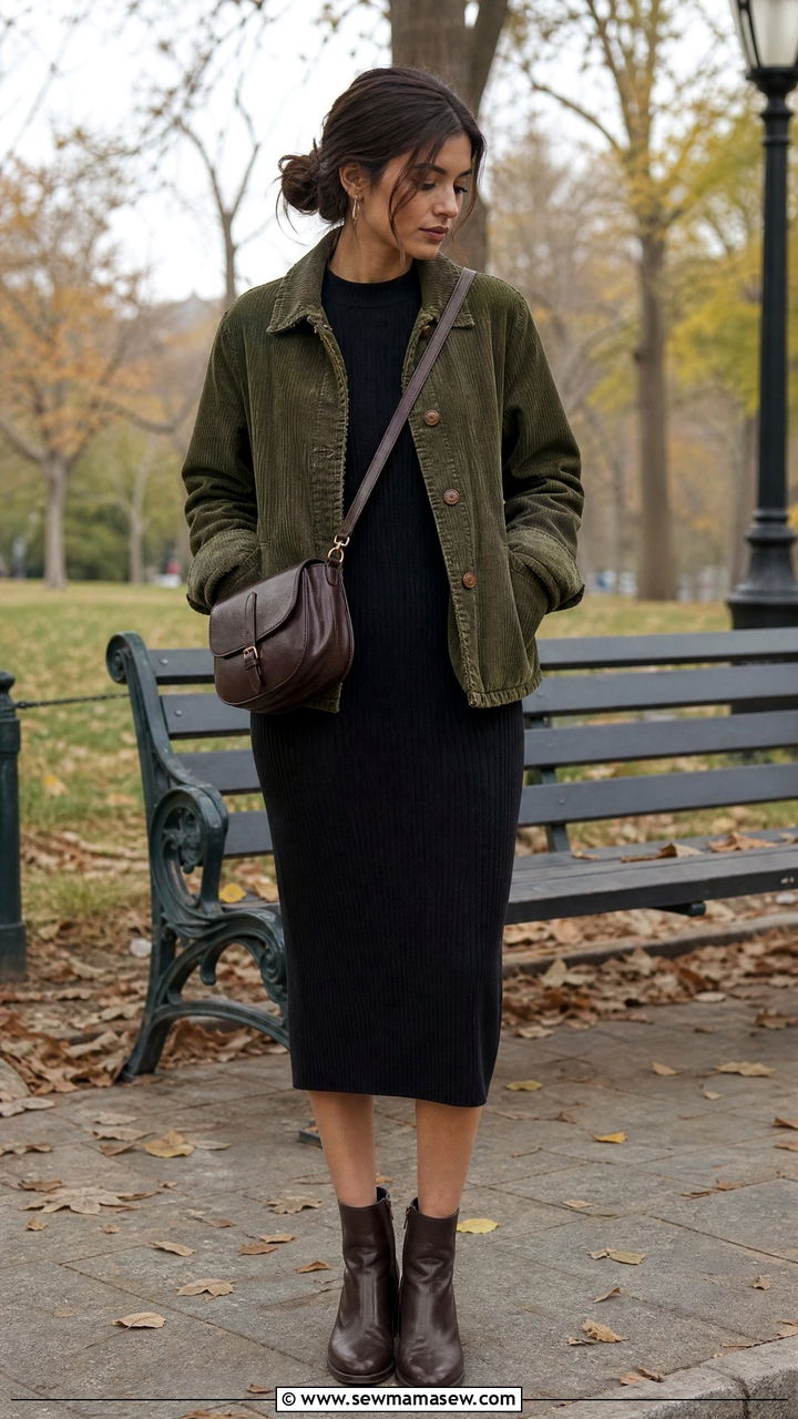 Corduroy jacket with knit dress - 25 classy dark academia outfits